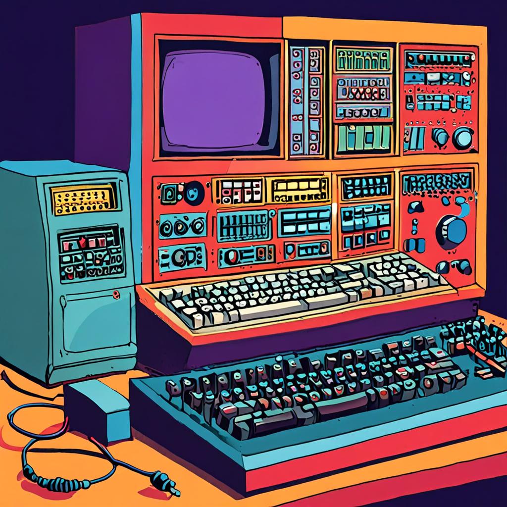 retro computer, early speech synthesizer, 1980s technology, laboratory setting
