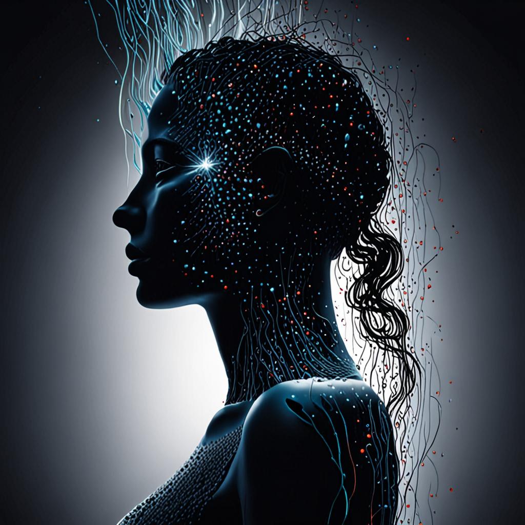 data streams, human silhouette, emotional particles, abstract digital art