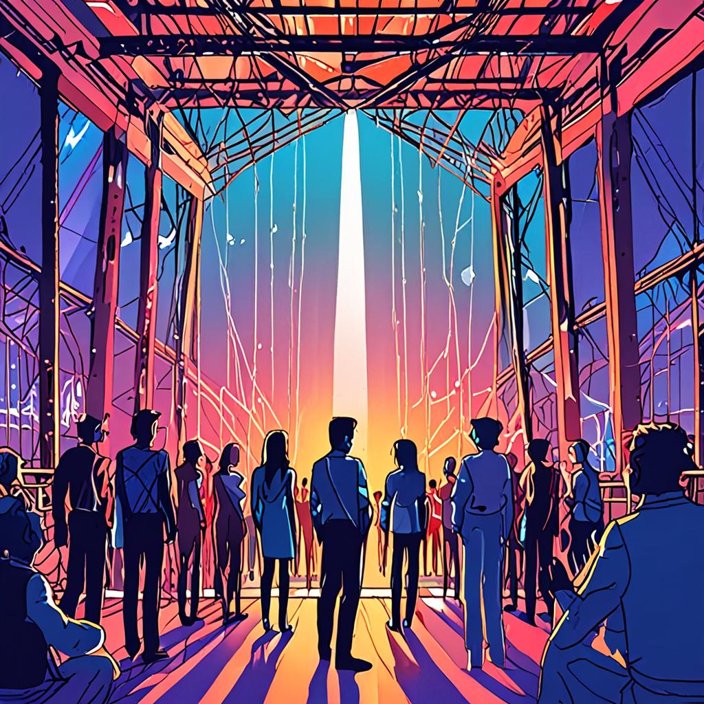 human voice meeting AI, bridge of light, harmony, future technology